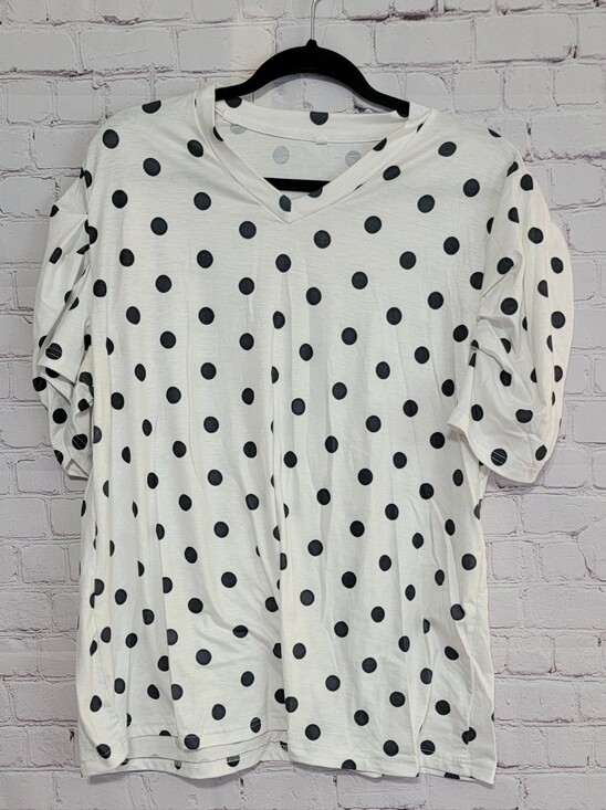 Tops - Polka Dot V-Neck Puff Sleeve Top - White/Black XL